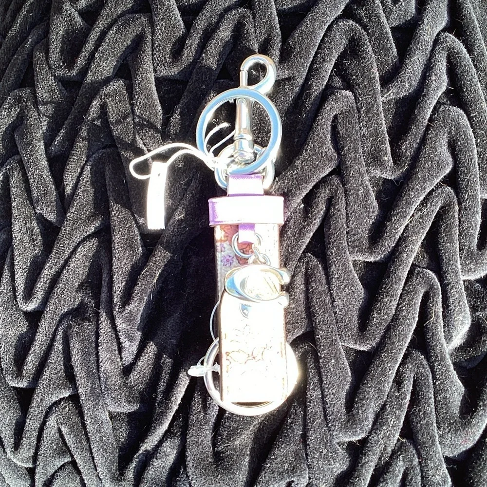 NWT Coach Trigger Snap Key Ring Bag Charm Purple and Floral Print